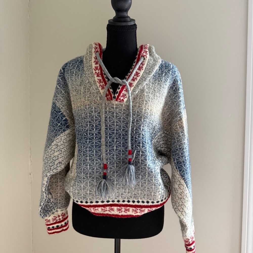 Pilcro Anthropologie Fair Isle Hooded Sweater Small Nordic Tassel Boho Knit
